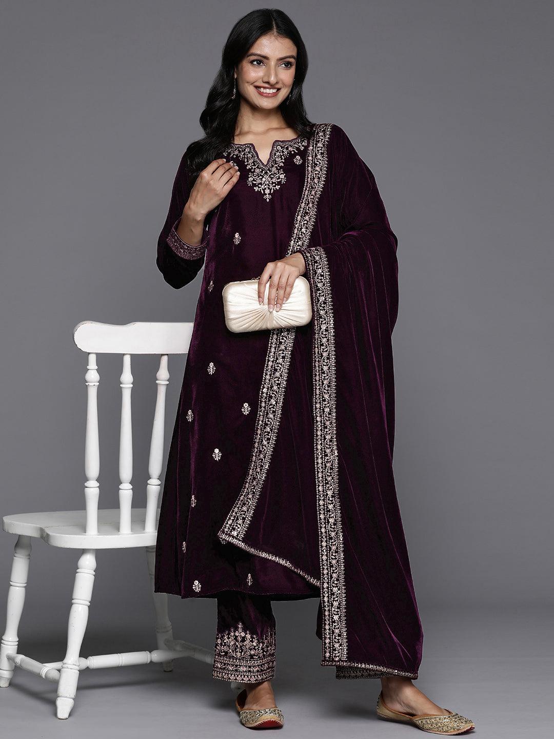Purple Embroidered Velvet A-Line Kurta With Trousers & Dupatta - ShopLibas 