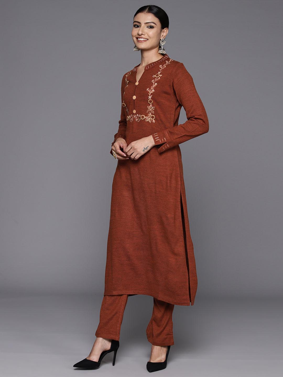 Rust Yoke Design Wool Straight Kurta With Trousers - ShopLibas 