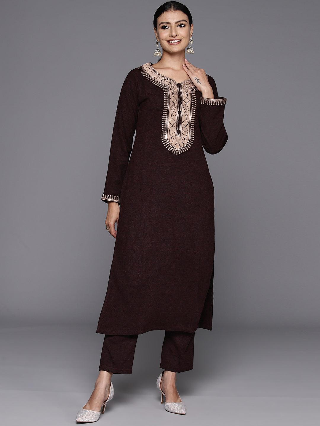 Rust Yoke Design Wool Straight Kurta With Trousers - ShopLibas 
