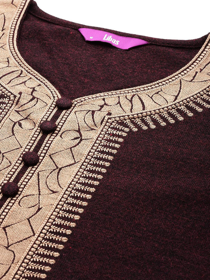 Rust Yoke Design Wool Straight Kurta Set