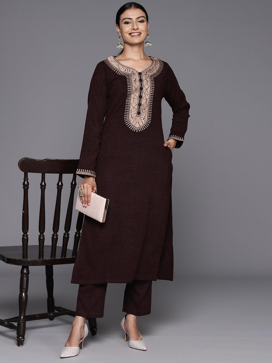 Rust Yoke Design Wool Straight Kurta With Trousers - ShopLibas 