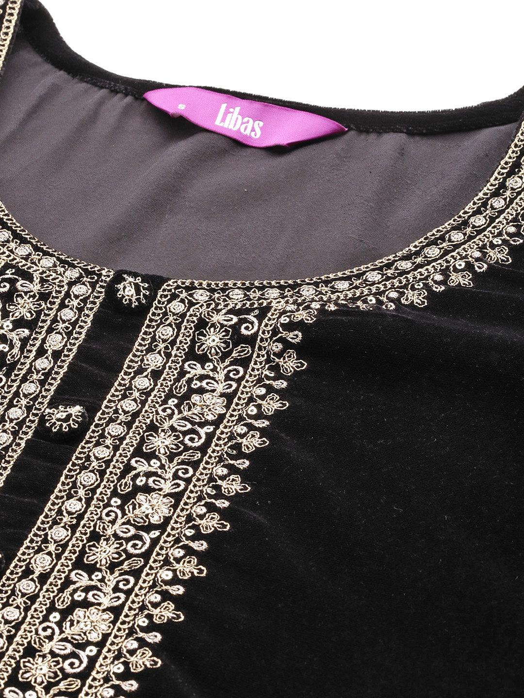 Black Yoke Design Velvet Straight Kurta With Palazzos & Dupatta - ShopLibas 
