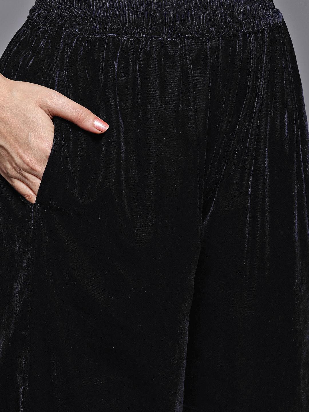 Black Yoke Design Velvet Straight Kurta With Palazzos & Dupatta - ShopLibas 
