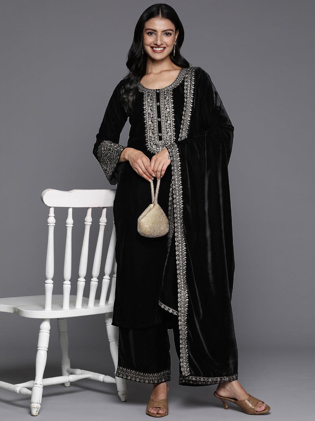 Black Yoke Design Velvet Straight Kurta With Palazzos & Dupatta - ShopLibas 
