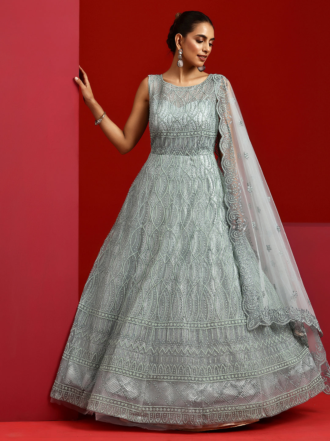 Libas Art Sea Green Embellished Net Gown
