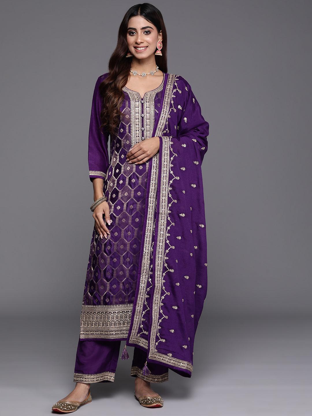 Purple Woven Design Silk Blend Straight Kurta With Palazzos & Dupatta - ShopLibas 