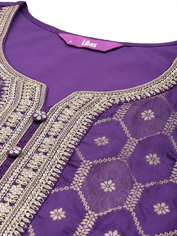 Purple Woven Design Silk Blend Straight Suit With Dupatta