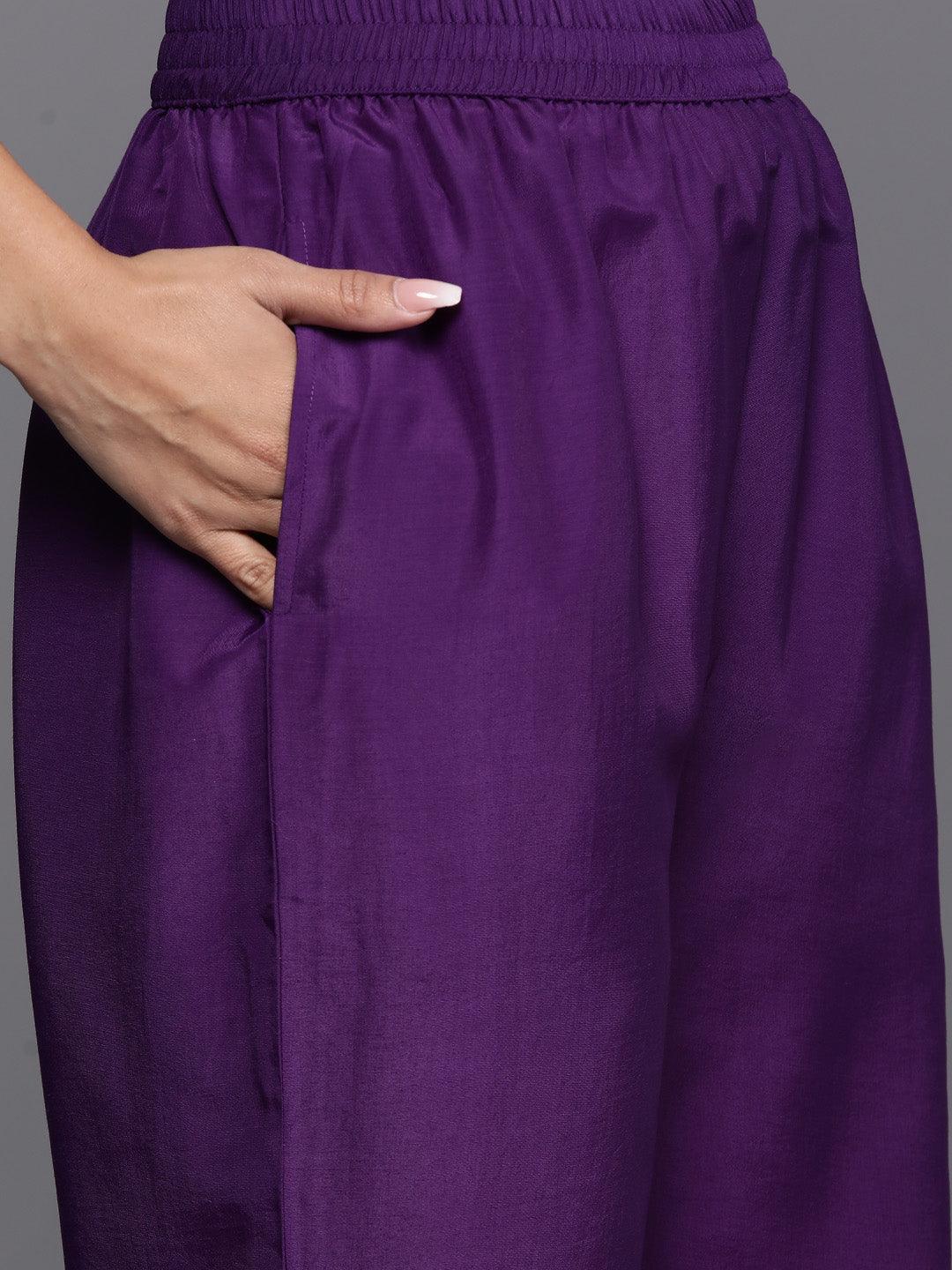 Purple Woven Design Silk Blend Straight Kurta With Palazzos & Dupatta - ShopLibas 