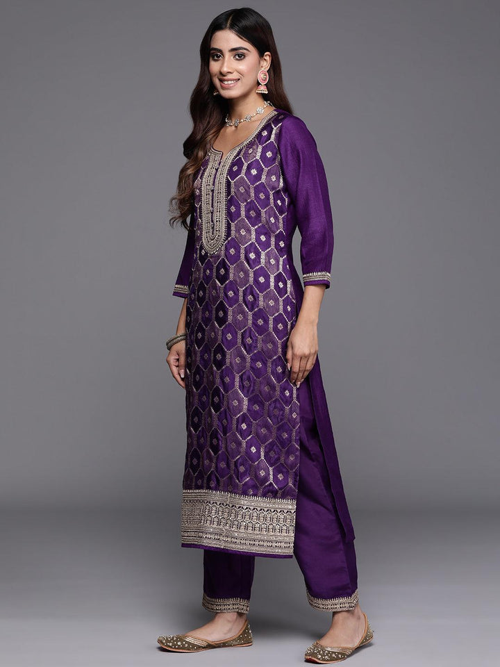 Purple Woven Design Silk Blend Straight Suit With Dupatta