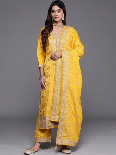 Yellow Woven Design Silk Blend Straight Kurta With Palazzos & Dupatta - ShopLibas