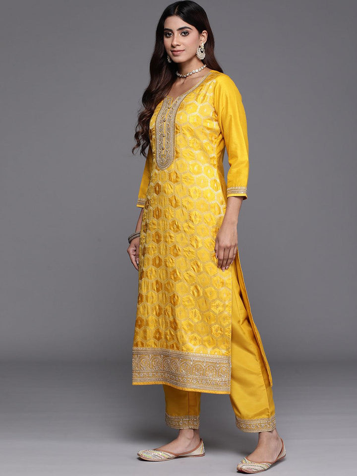 Yellow Woven Design Silk Blend Straight Suit With Dupatta