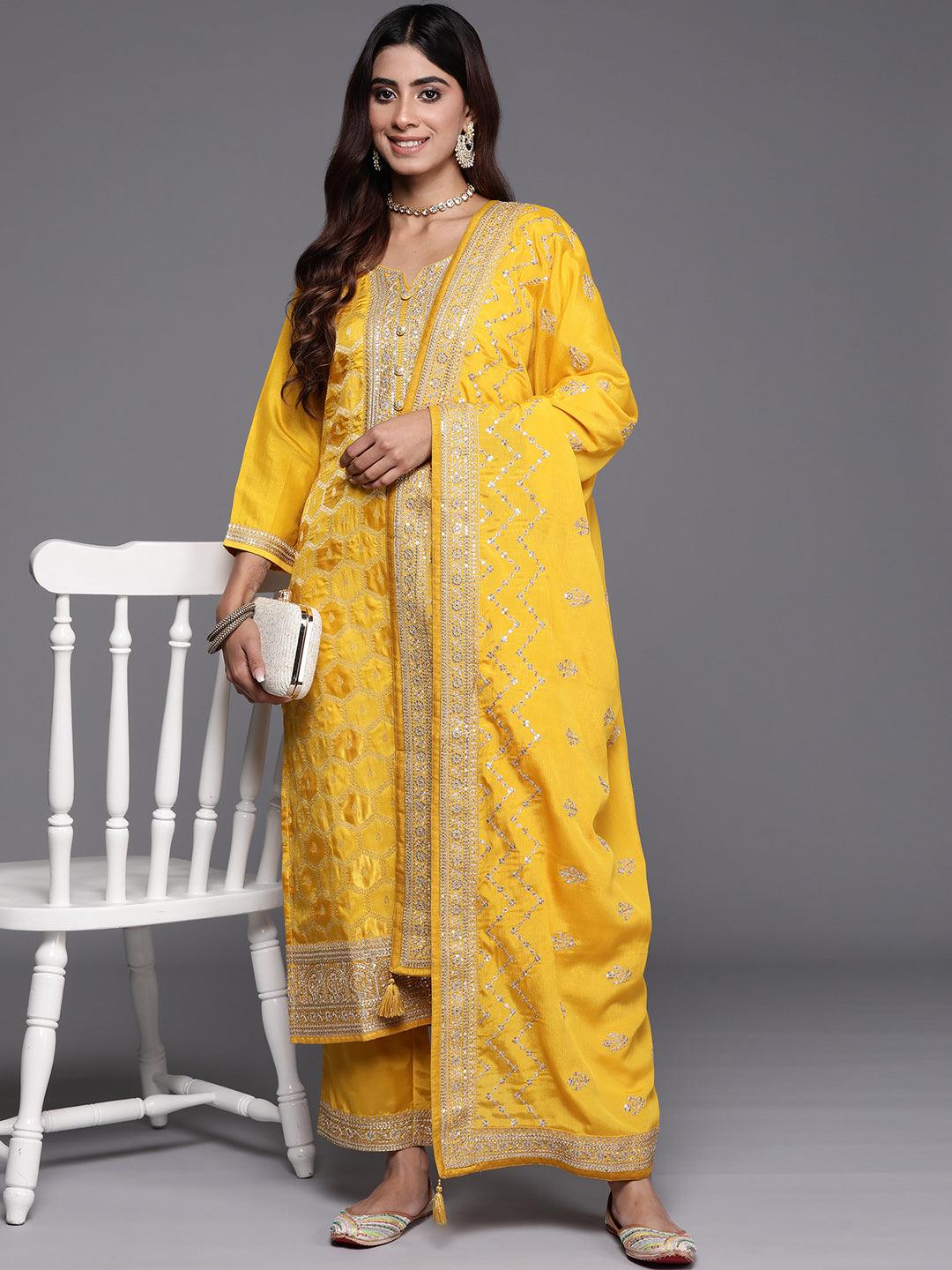 Yellow Woven Design Silk Blend Straight Kurta With Palazzos & Dupatta - ShopLibas 