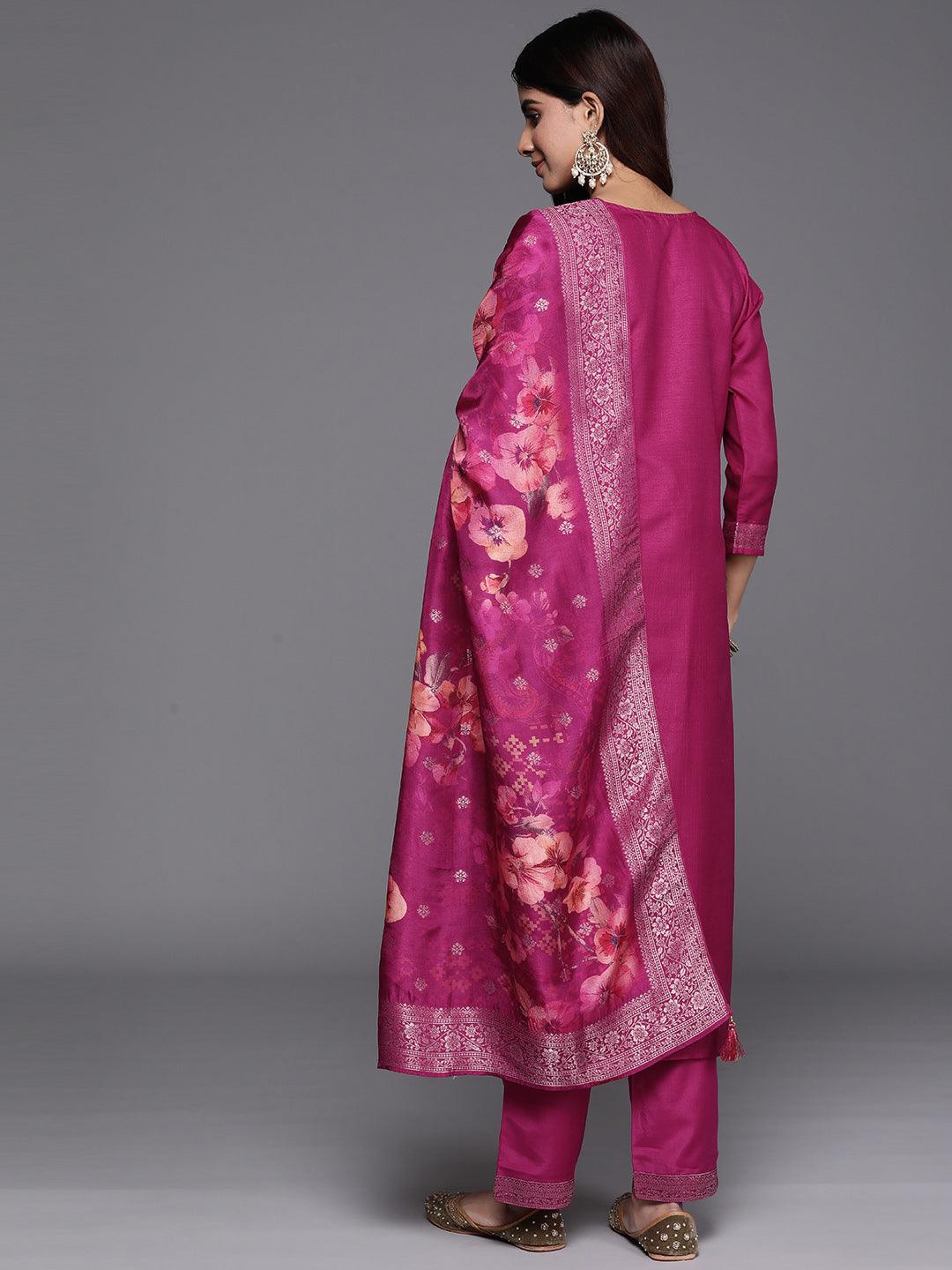 Magenta Woven Design Silk Blend Straight Kurta With Palazzos & Dupatta - ShopLibas 