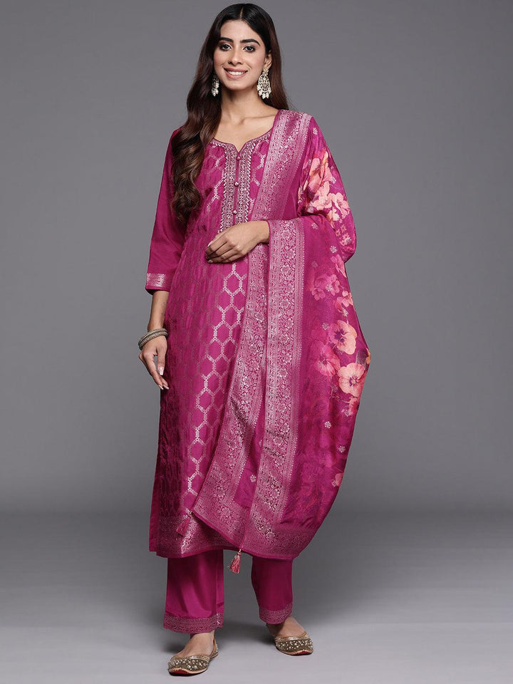 Magenta Woven Design Silk Blend Straight Suit With Dupatta