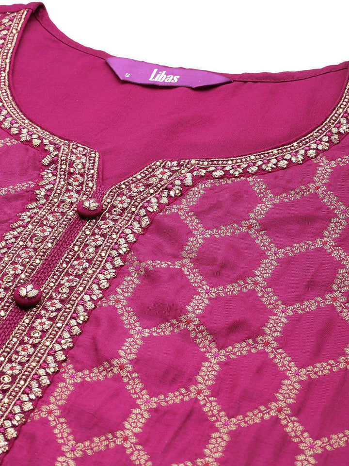Magenta Woven Design Silk Blend Straight Suit With Dupatta