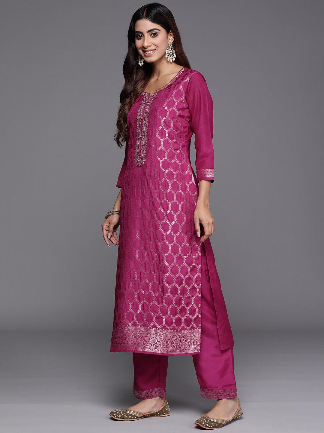 Magenta Woven Design Silk Blend Straight Kurta With Palazzos & Dupatta - ShopLibas 