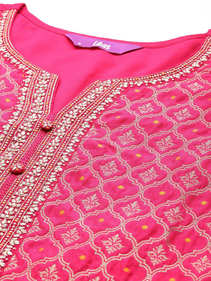 Pink Woven Design Silk Blend Straight Suit With Dupatta