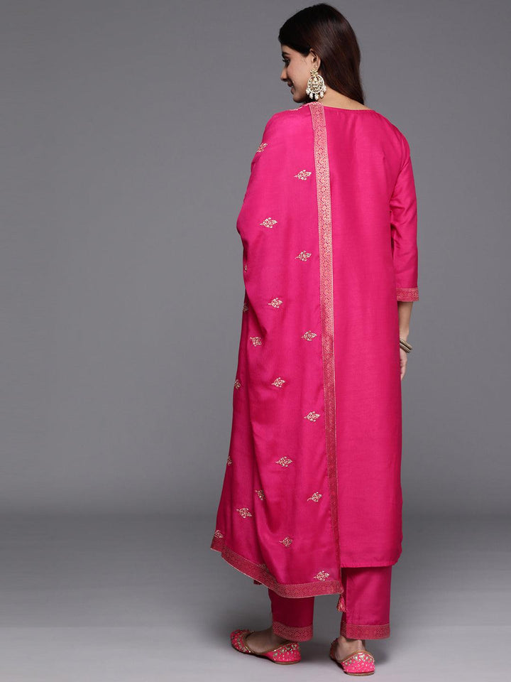Pink Woven Design Silk Blend Straight Suit With Dupatta