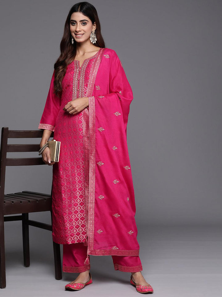 Pink Woven Design Silk Blend Straight Suit With Dupatta