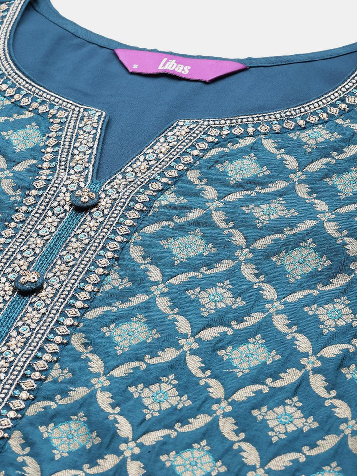 Teal Woven Design Silk Blend Straight Suit With Dupatta