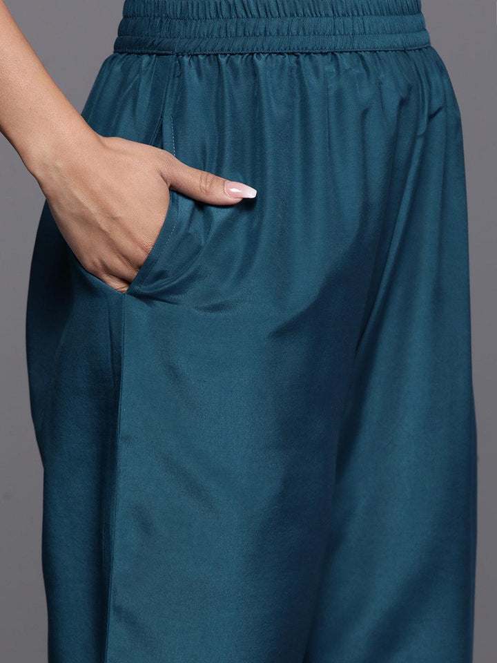Teal Woven Design Silk Blend Straight Suit With Dupatta