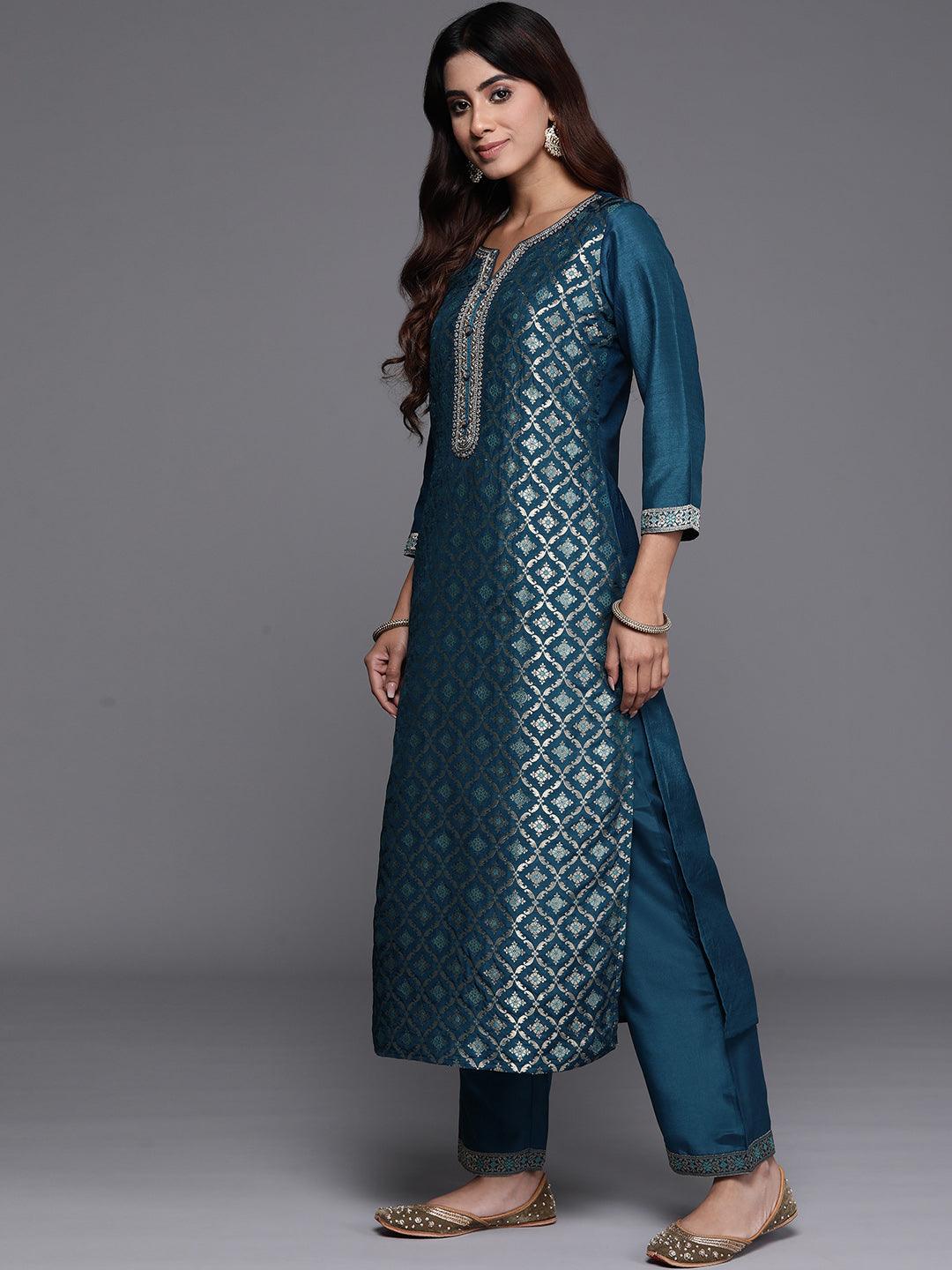 Teal Woven Design Silk Blend Straight Kurta With Palazzos & Dupatta - ShopLibas 