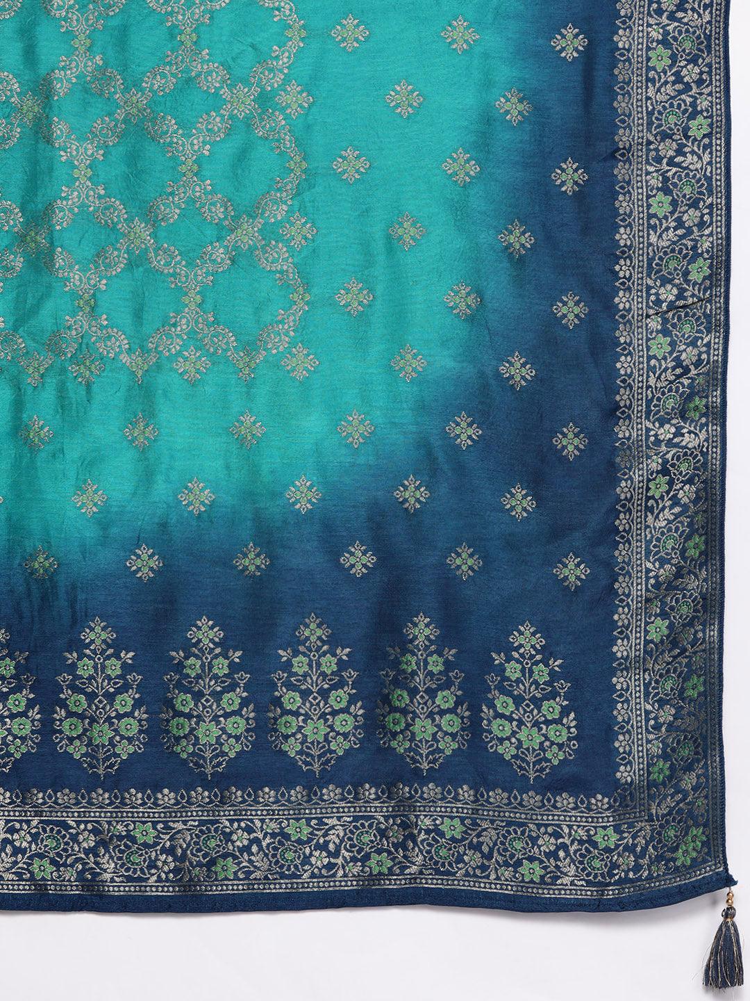 Teal Yoke Design Silk Blend Straight Kurta With Palazzos & Dupatta - ShopLibas