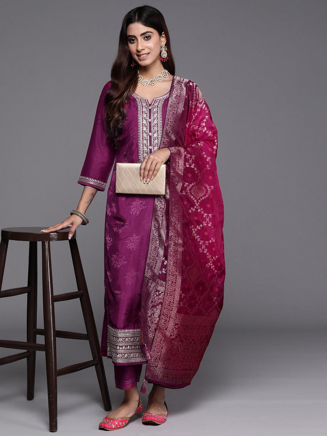 Maroon Yoke Design Silk Blend Straight Kurta With Palazzos & Dupatta - ShopLibas 