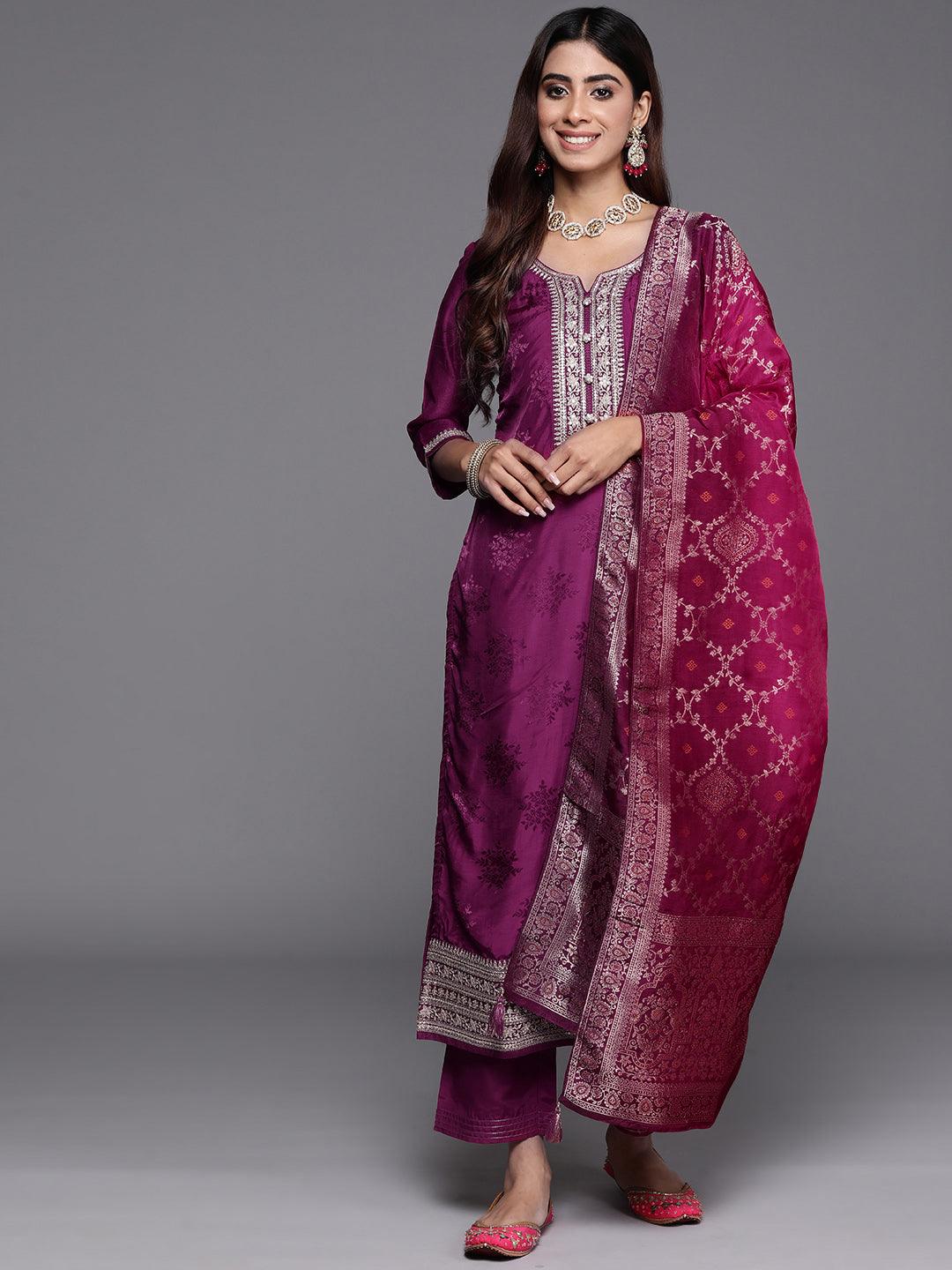 Maroon Yoke Design Silk Blend Straight Kurta With Palazzos & Dupatta - ShopLibas 