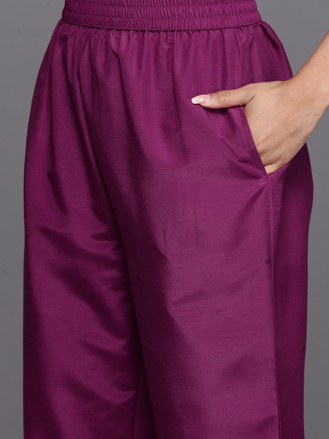 Maroon Yoke Design Silk Blend Straight Kurta With Palazzos & Dupatta - ShopLibas 