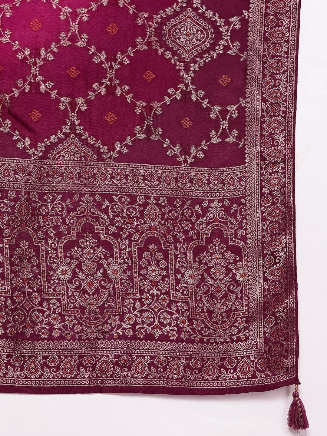 Maroon Yoke Design Silk Blend Straight Kurta With Palazzos & Dupatta - ShopLibas 