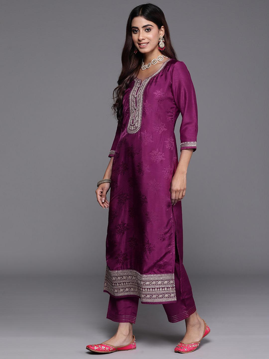 Maroon Yoke Design Silk Blend Straight Kurta With Palazzos & Dupatta - ShopLibas 