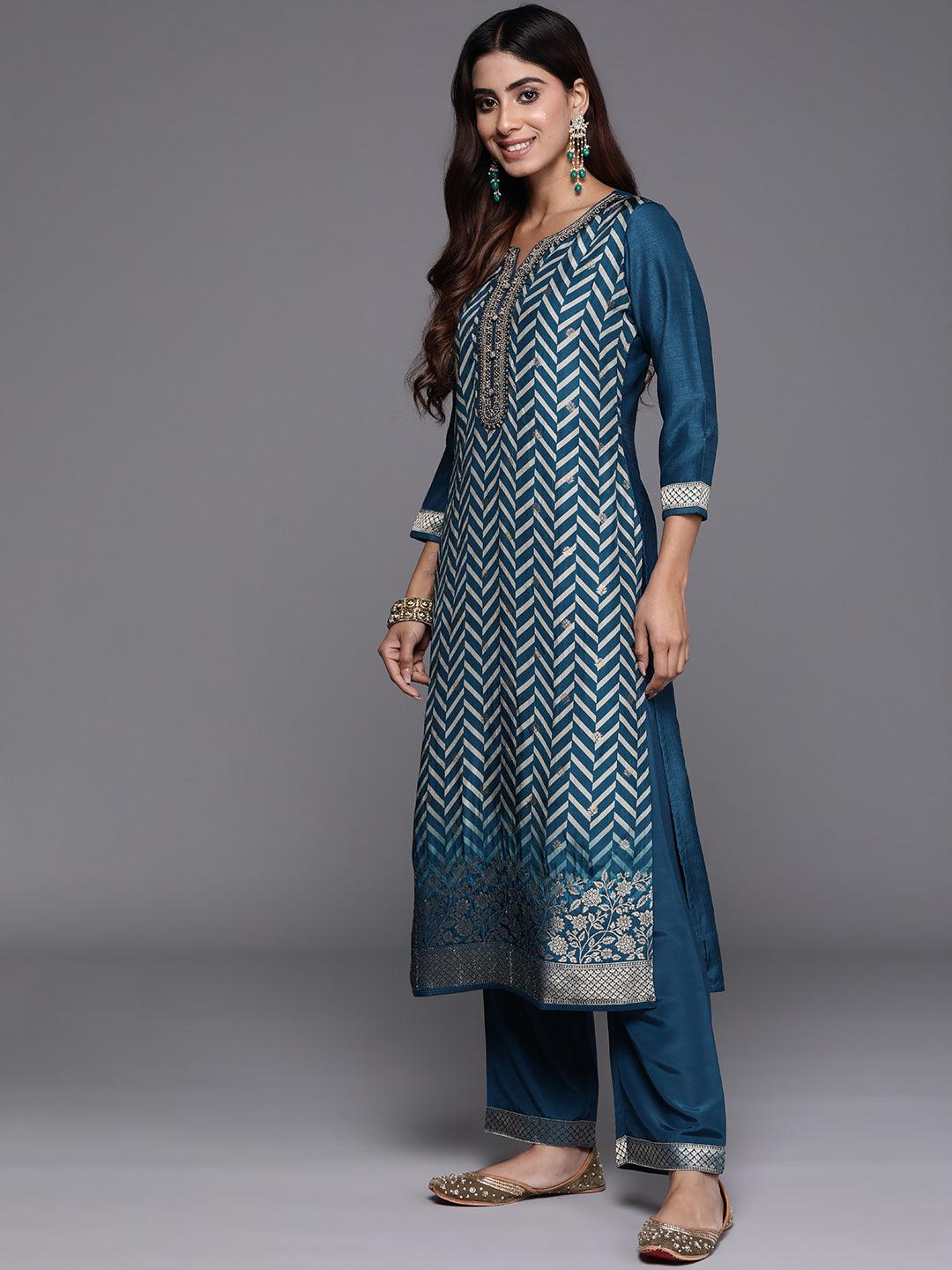 Teal Printed Silk Blend Straight Kurta With Palazzos & Dupatta - ShopLibas 