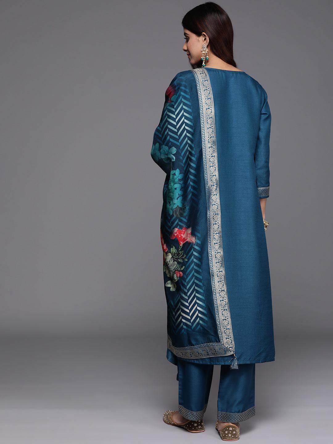Teal Printed Silk Blend Straight Kurta With Palazzos & Dupatta - ShopLibas 