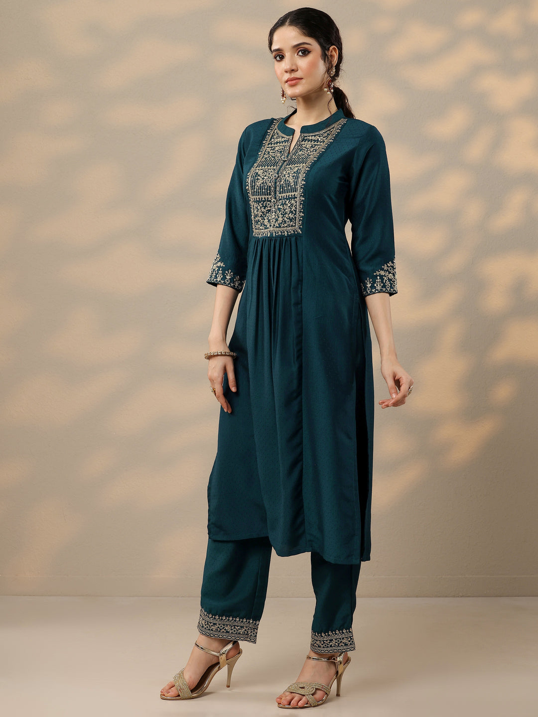 Teal Yoke Design Silk Blend A-Line Kurta With Palazzos & Dupatta