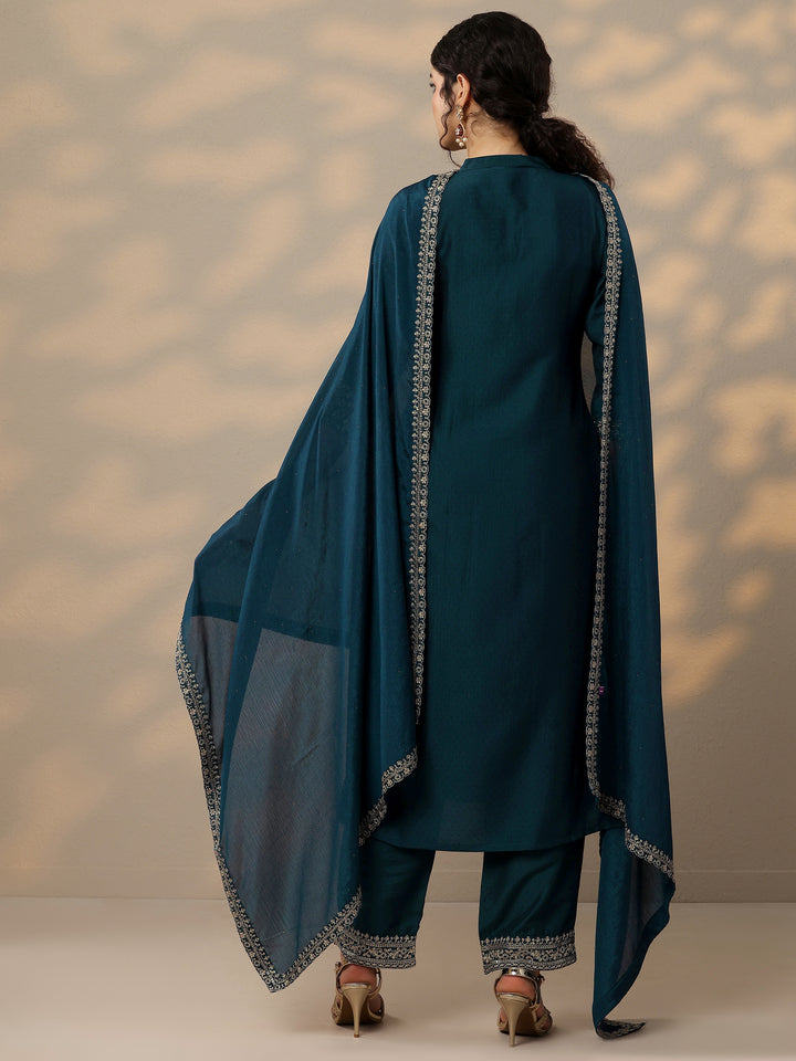 Teal Yoke Design Silk Blend A-Line Kurta With Palazzos & Dupatta