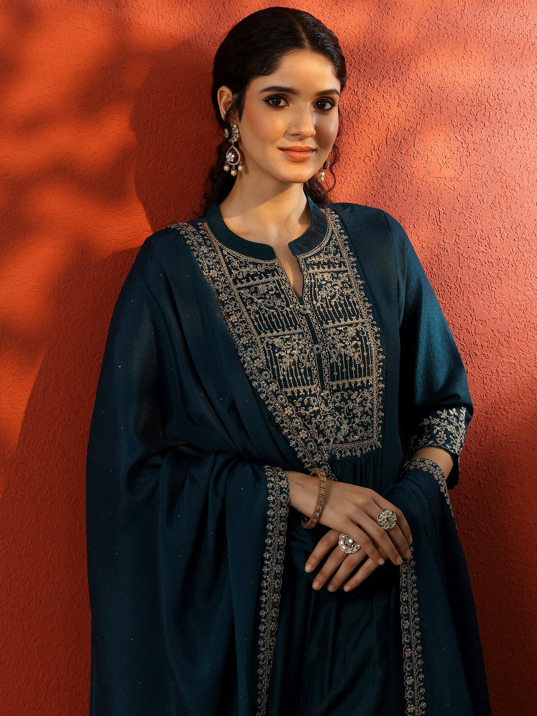 Teal Yoke Design Silk Blend A-Line Kurta With Palazzos & Dupatta