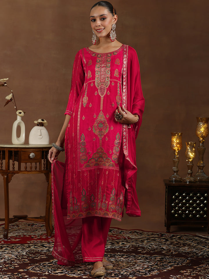 Red Woven Design Silk Blend Straight Suit With Dupatta