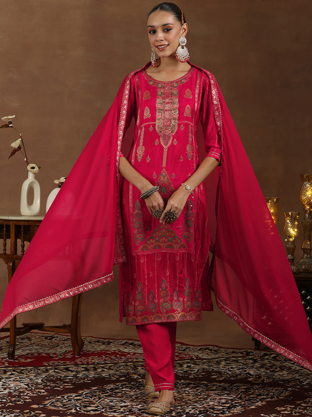 Red Woven Design Silk Blend Straight Suit With Dupatta