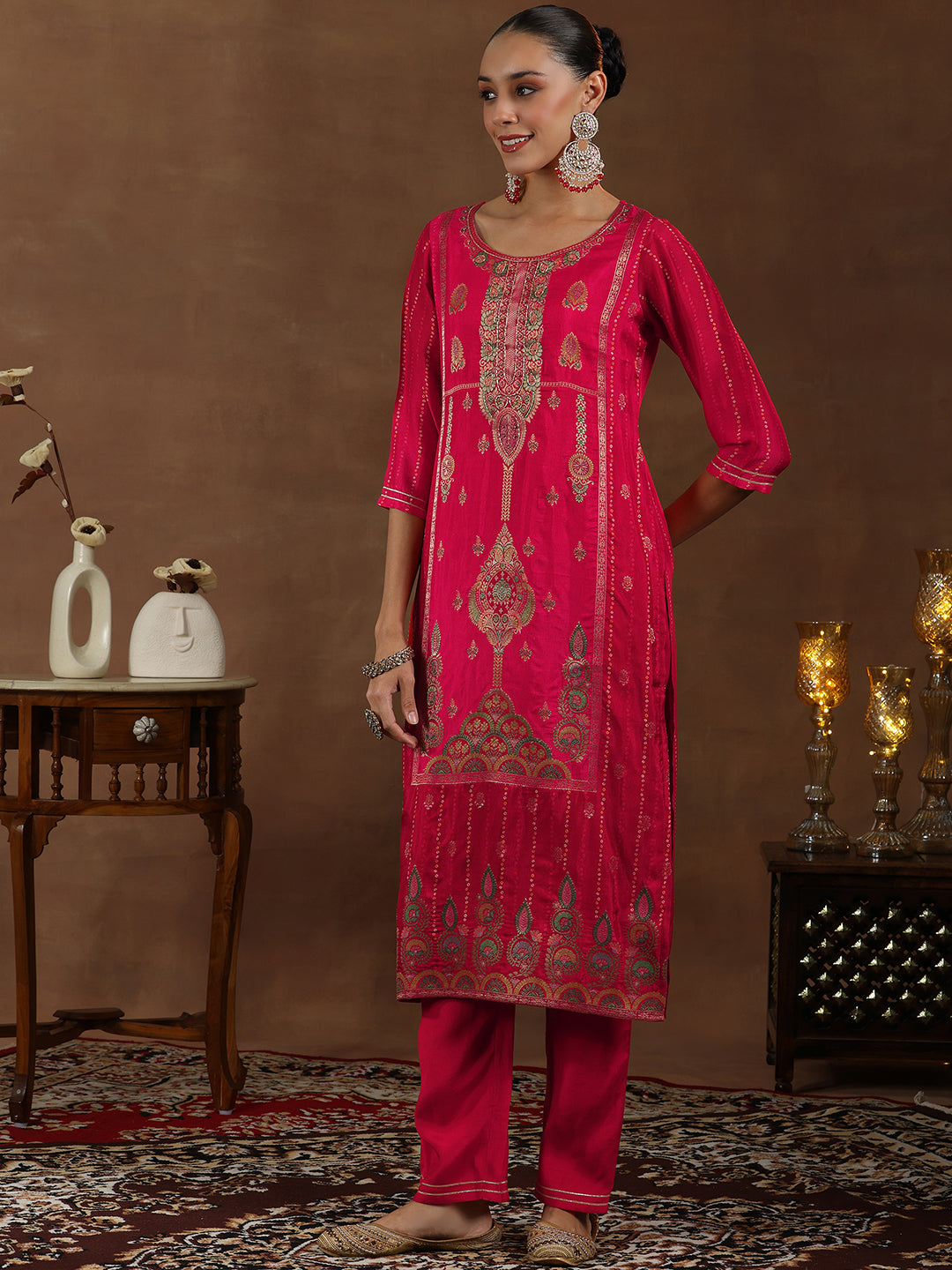 Red Woven Design Silk Blend Straight Suit With Dupatta