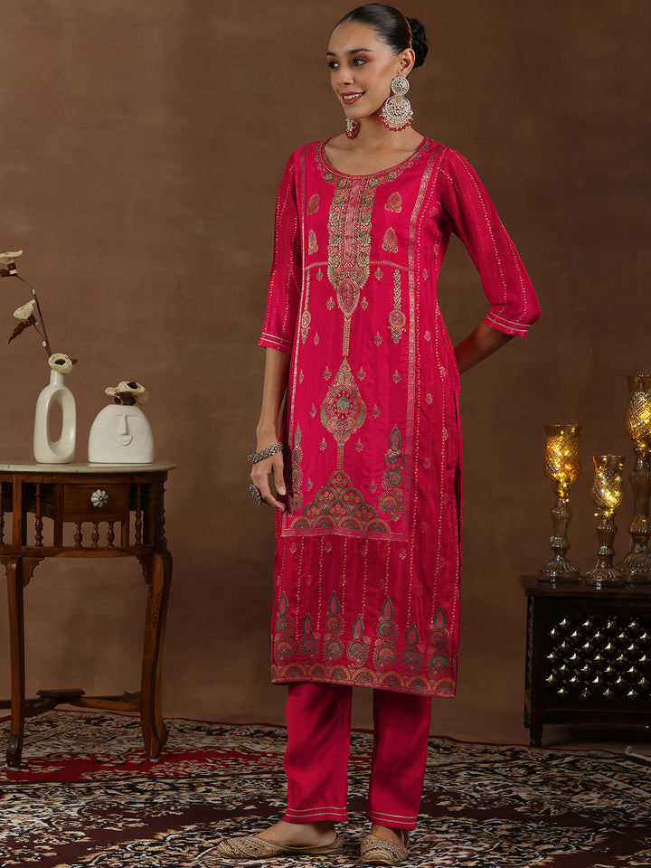 Red Woven Design Silk Blend Straight Suit With Dupatta