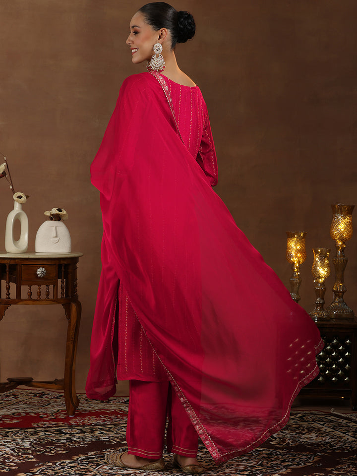 Red Woven Design Silk Blend Straight Suit With Dupatta