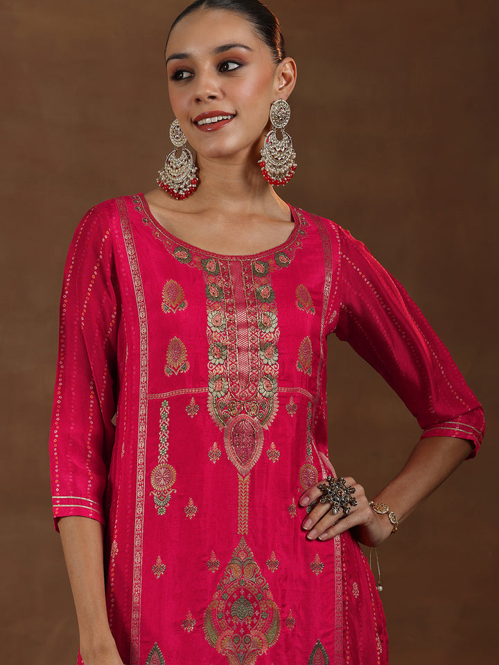 Red Woven Design Silk Blend Straight Suit With Dupatta