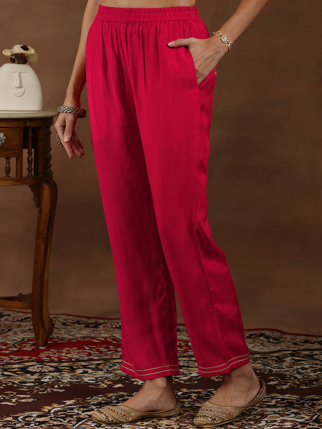 Red Woven Design Silk Blend Straight Suit With Dupatta