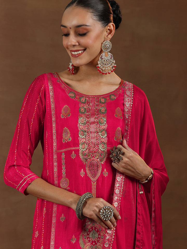 Red Woven Design Silk Blend Straight Suit With Dupatta