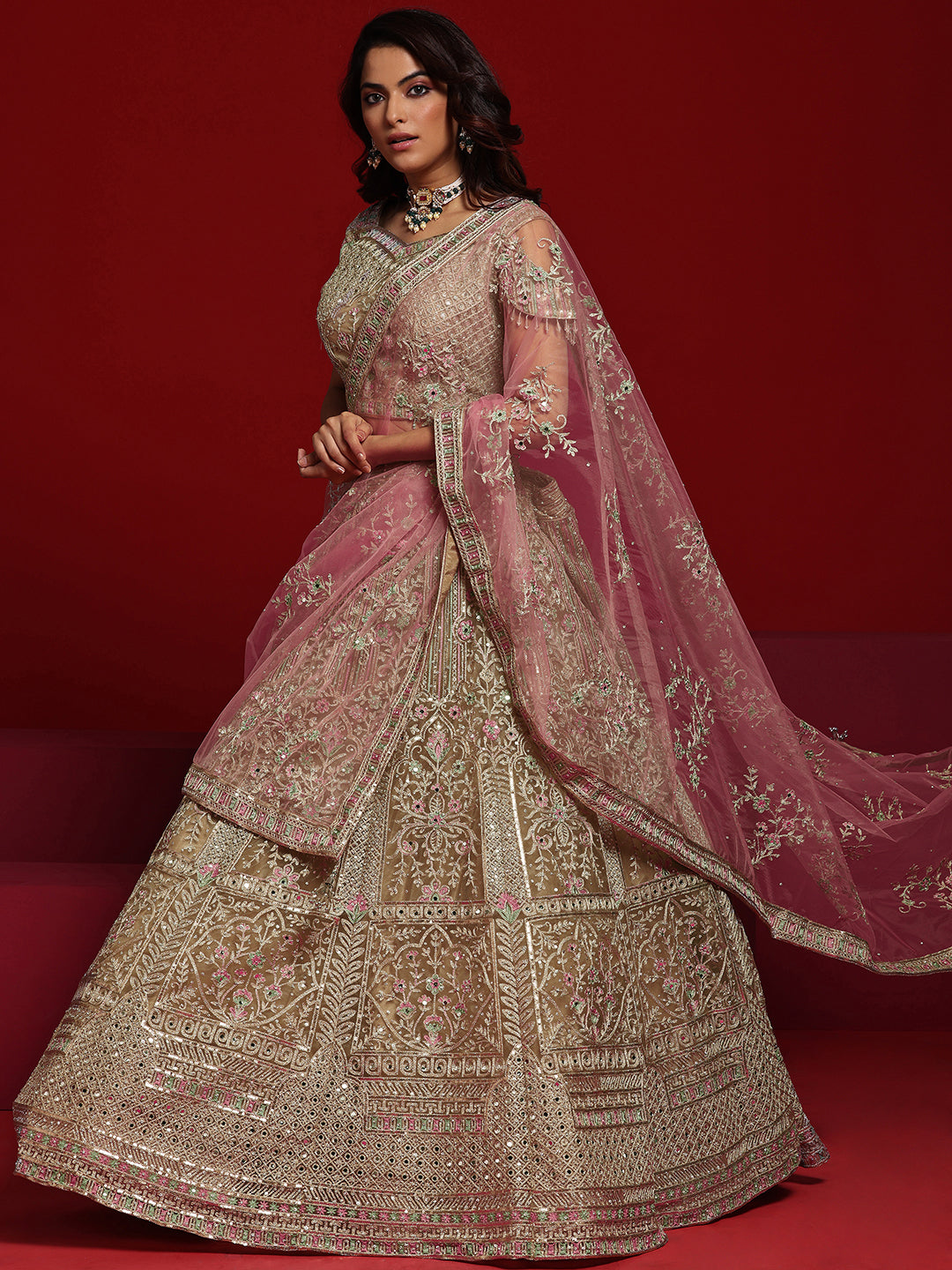 Libas Art Beige Embellished Net Lehenga Set