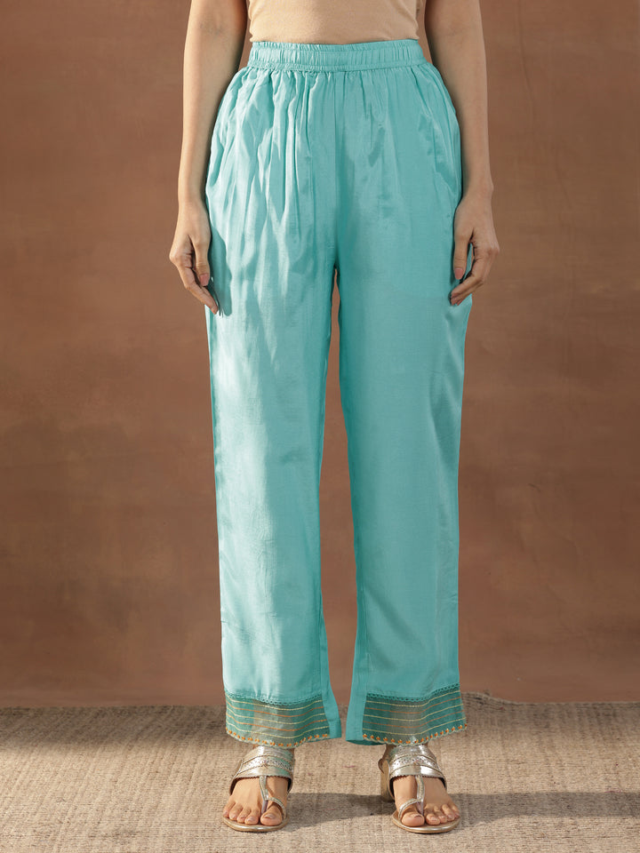 Blue Yoke Design Cotton Blend Straight Suit Set With Dupatta
