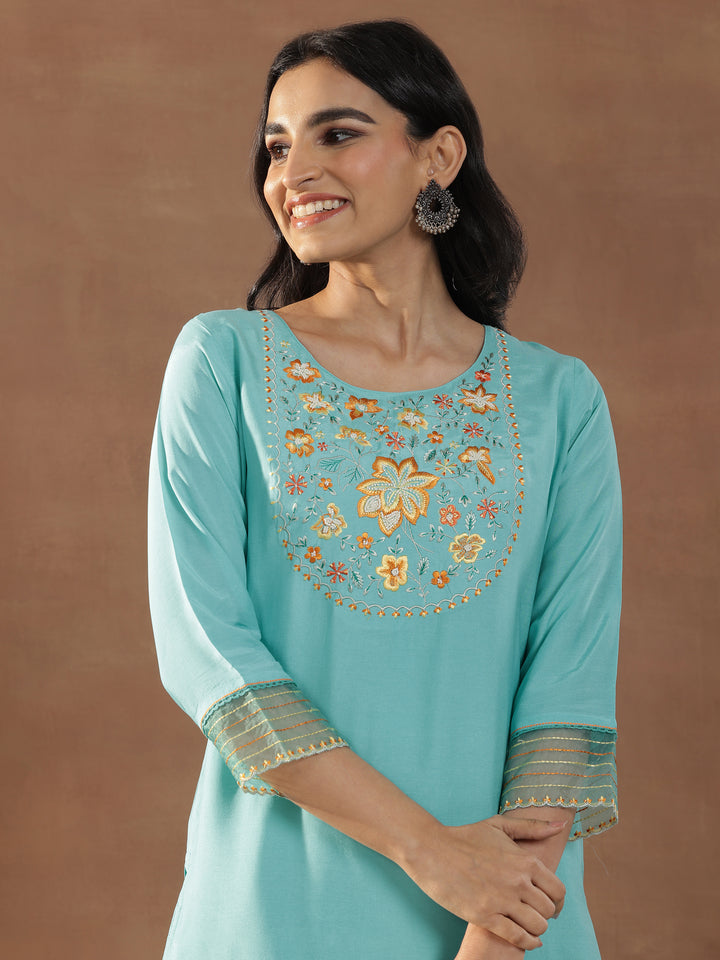 Blue Yoke Design Cotton Blend Straight Suit Set With Dupatta