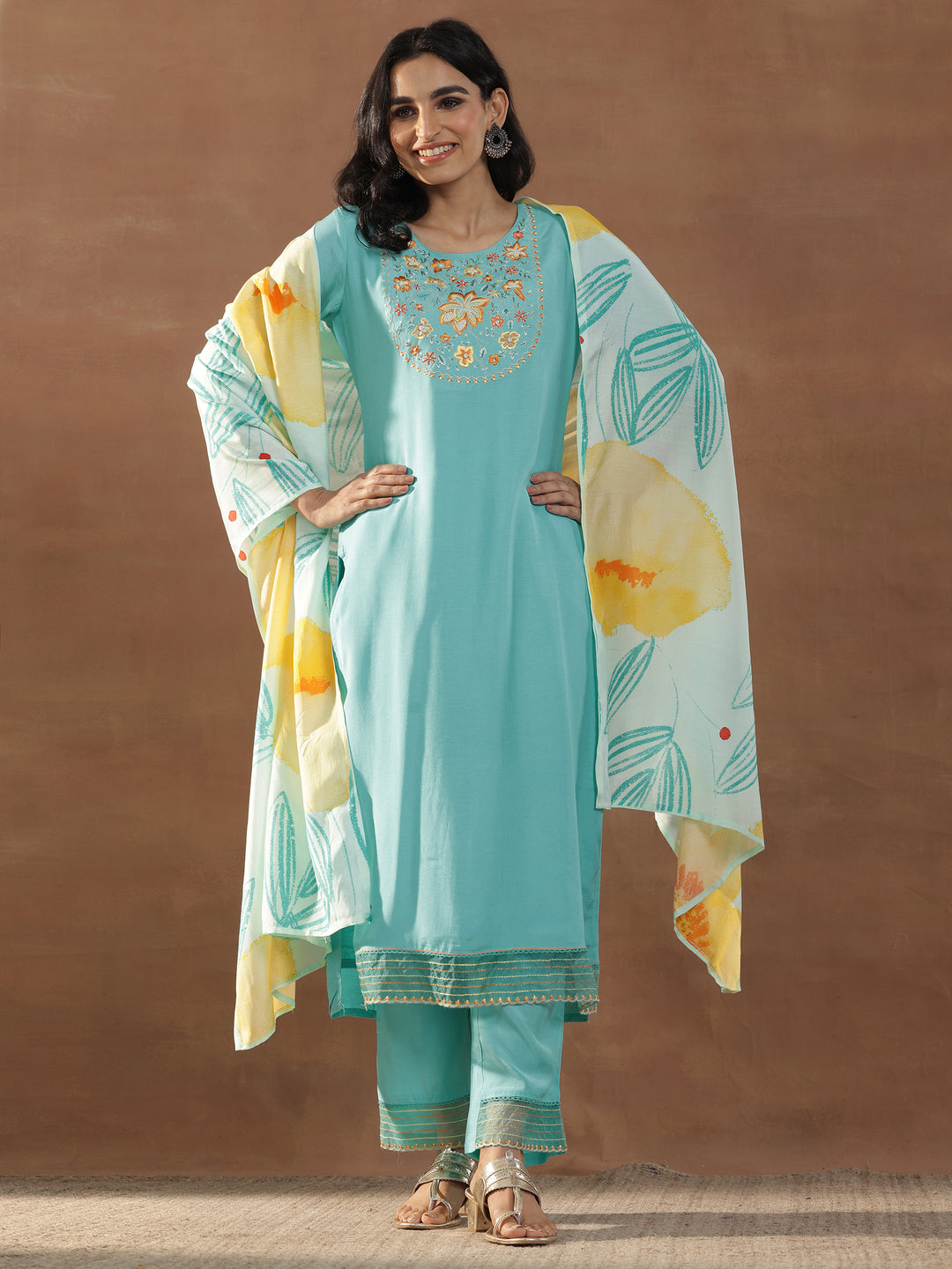 Turquoise Blue Yoke Design Muslin Straight Suit With Dupatta