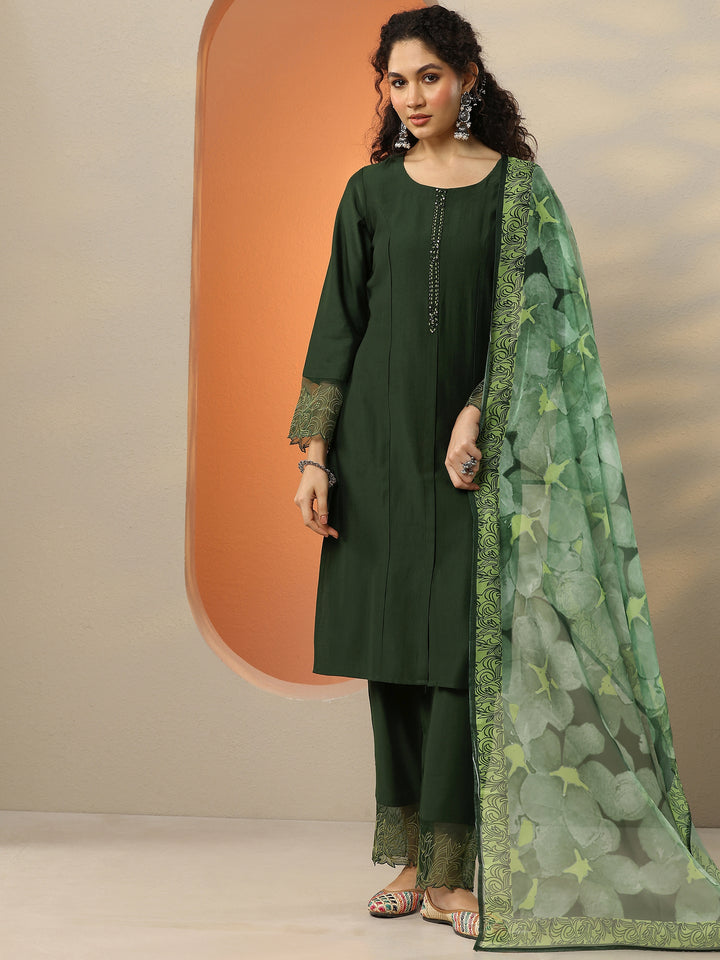 Green Yoke Design Silk Blend Straight Suit With Dupatta